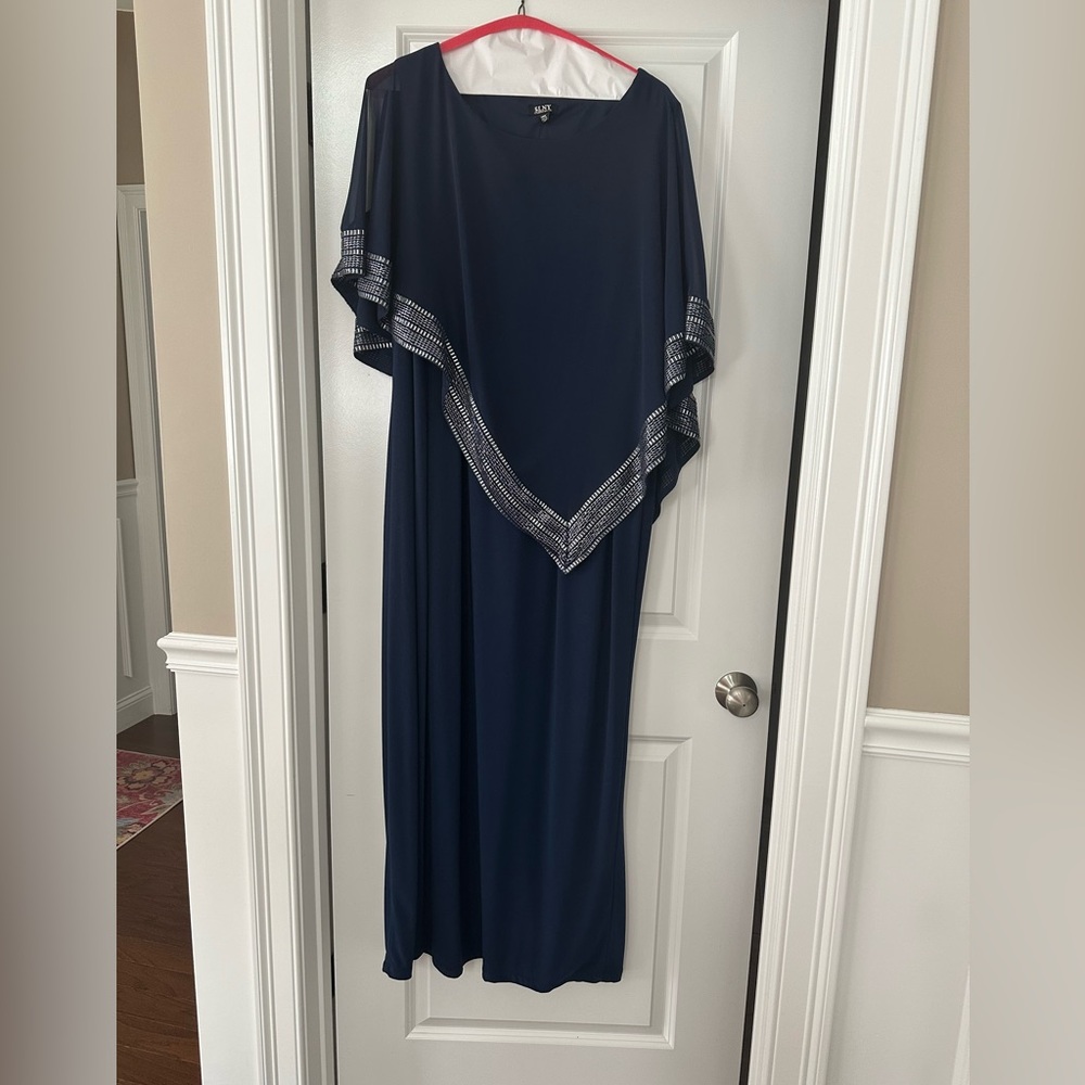 SLNY Navy Asymmetrical Dress with Silver Details